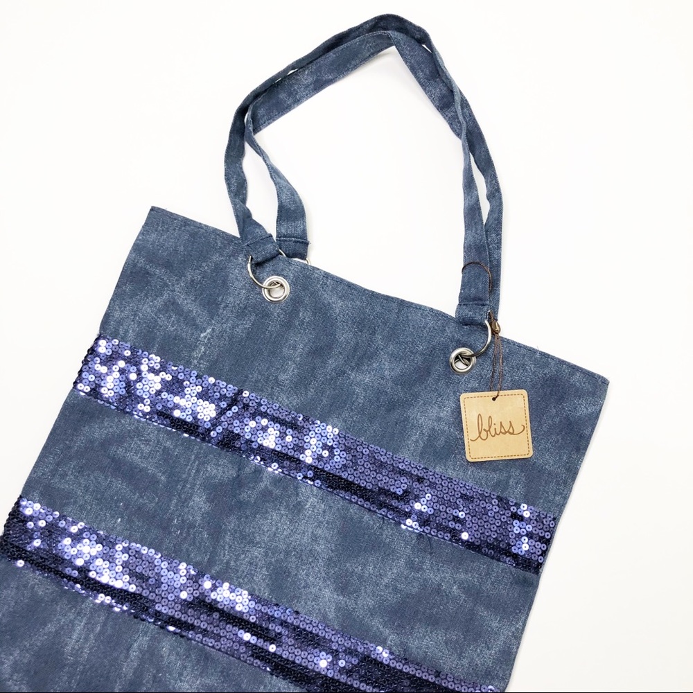 BLISS Washed Canvas Sequin Tote Bag Blue NWT